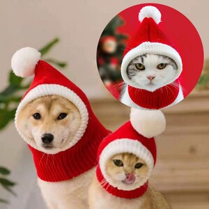 크리스마스 산타 모자 니트 방울 워머 반려견 펫 강아지 고양이